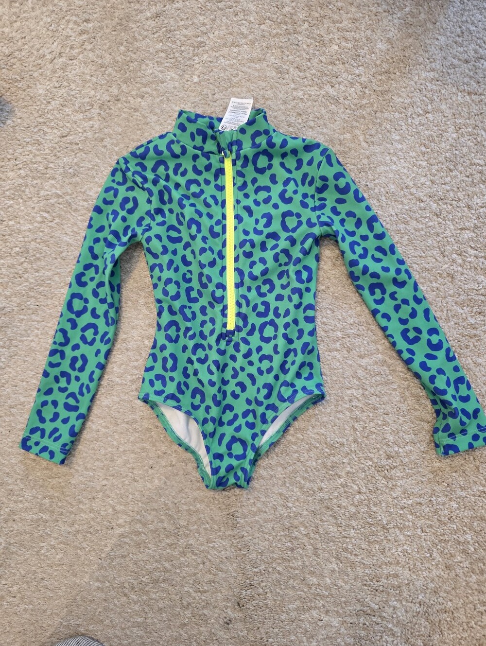 Mini Boden Green & Blue Leopard Print Long-Sleeve One-Piece Swimsuit Size 3-4